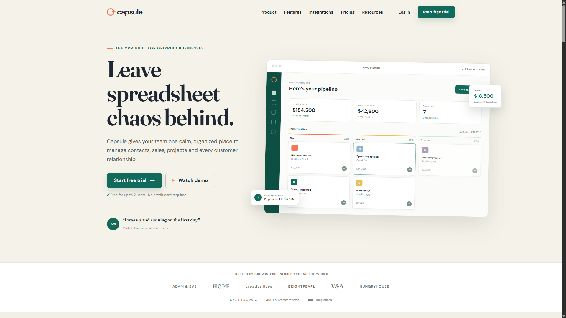Capsule CRM website redesign